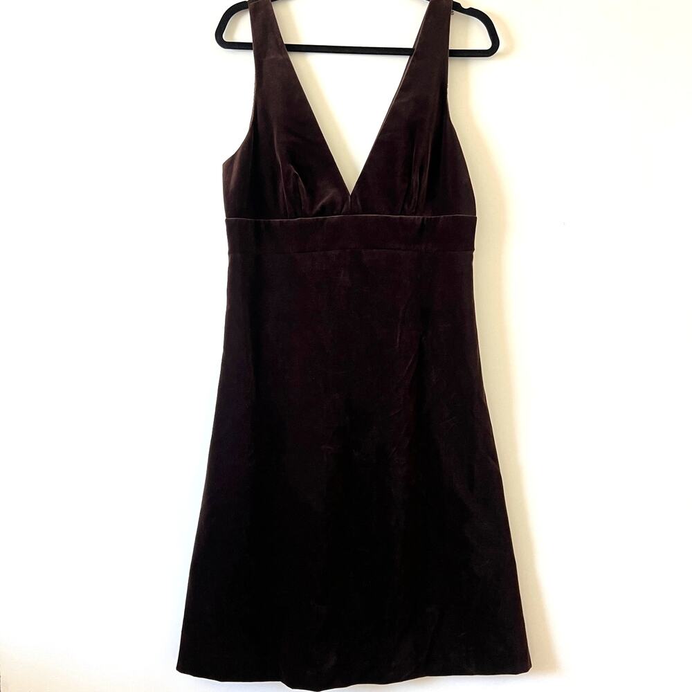 J Crew Chocolate Brown Velvet V Neck Fit Flare Empire Waist Midi Dress Women 12